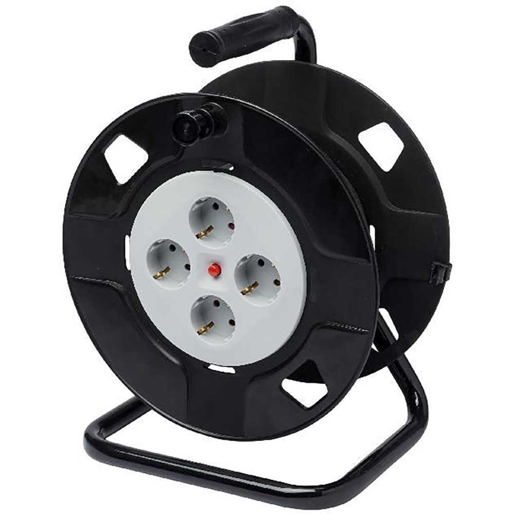 Prelungitor 4 prize Schuko, fara cablu, cu tambur, negru