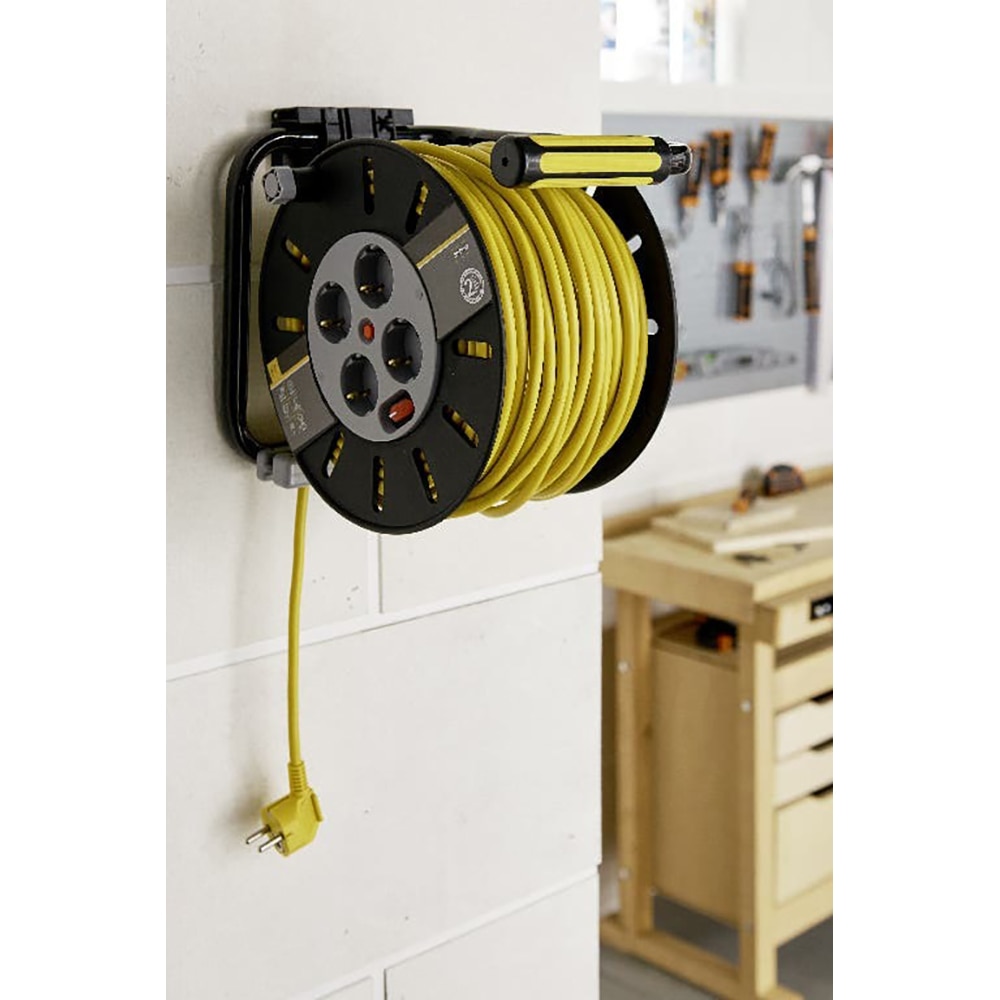 Prelungitor DIALL H05VV-F, 4 prize Schuko, 25 m, 1.5 mm, cu tambur, negru