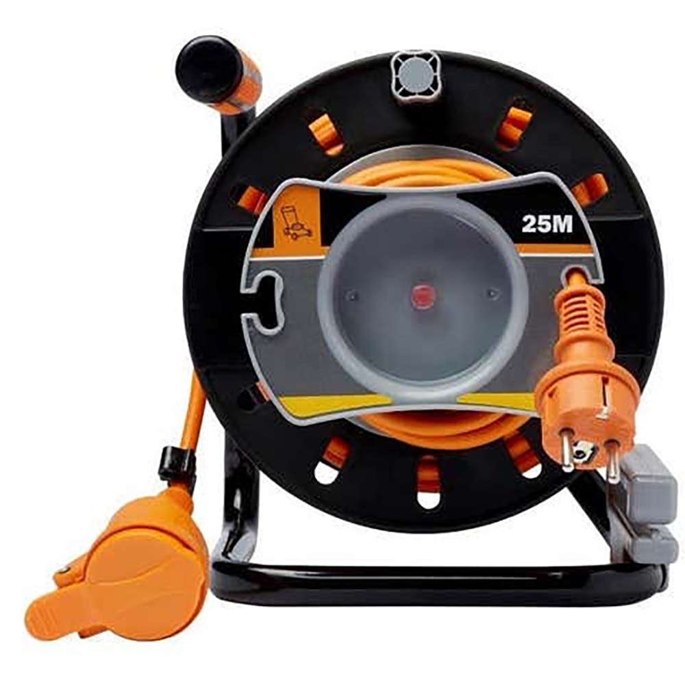 Prelungitor DIALL h05vvf, 1 priza Schuko, 22 m + 3 m prelungire, 1.5 mm, cu tambur, negru/portocaliu