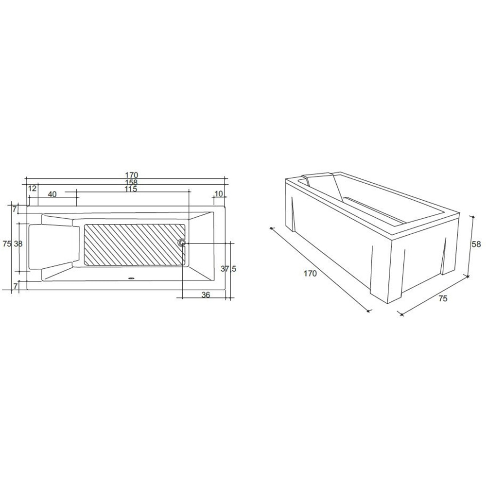 Cada simpla incastrabila KRING Roma, dreptunghiulara, 170 cm x 75 x 45 cm, acril, alb