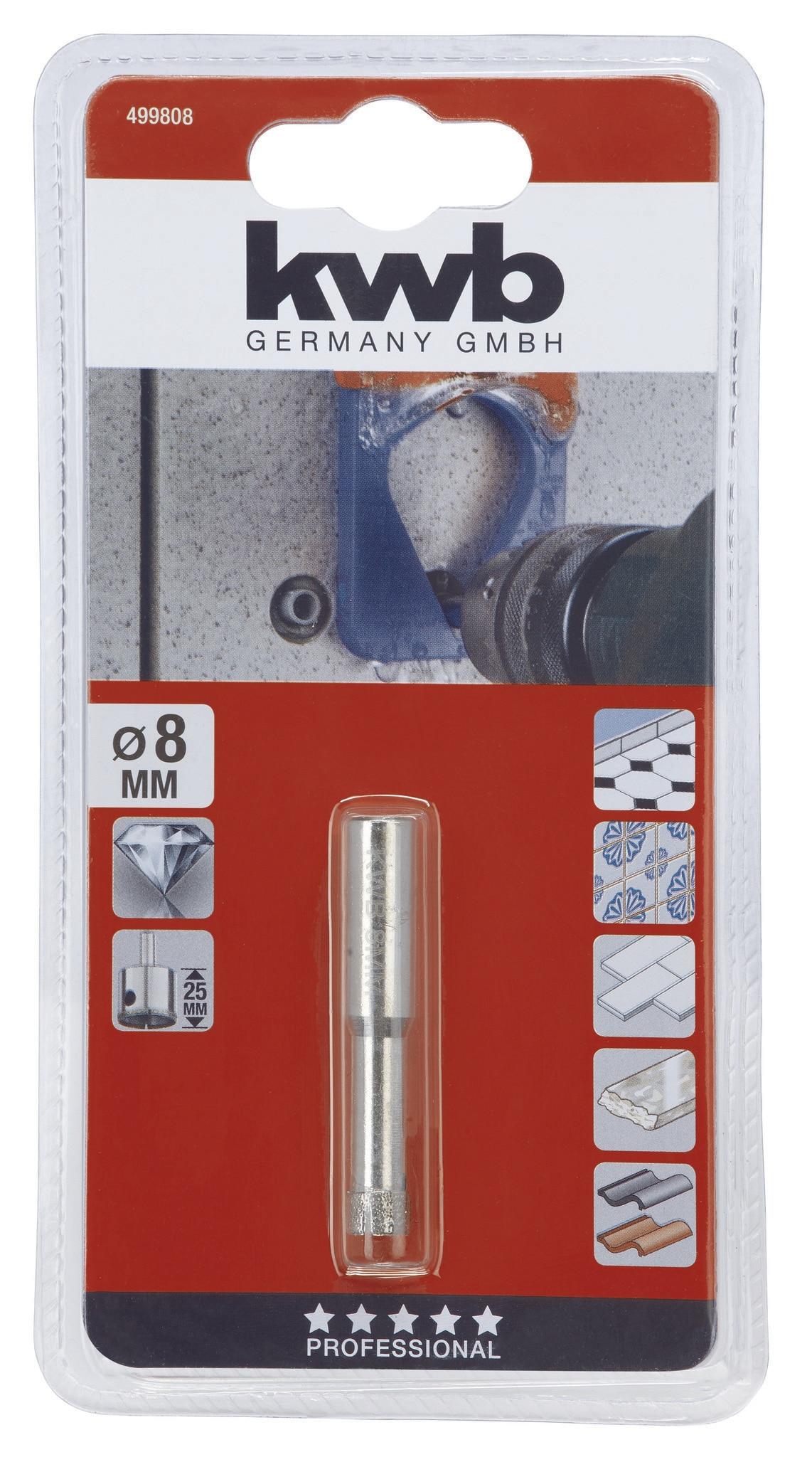 Carota diamantata KWB, 8 x 25 mm, pentru gresie, ceramica si marmura