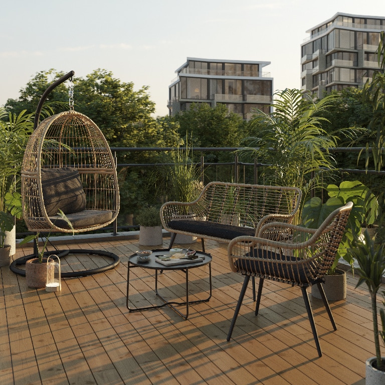 Banca de gradina si terasa GoodHome Apolima, maro, metalic, 120 x 81 x 66 cm, perna inclusa