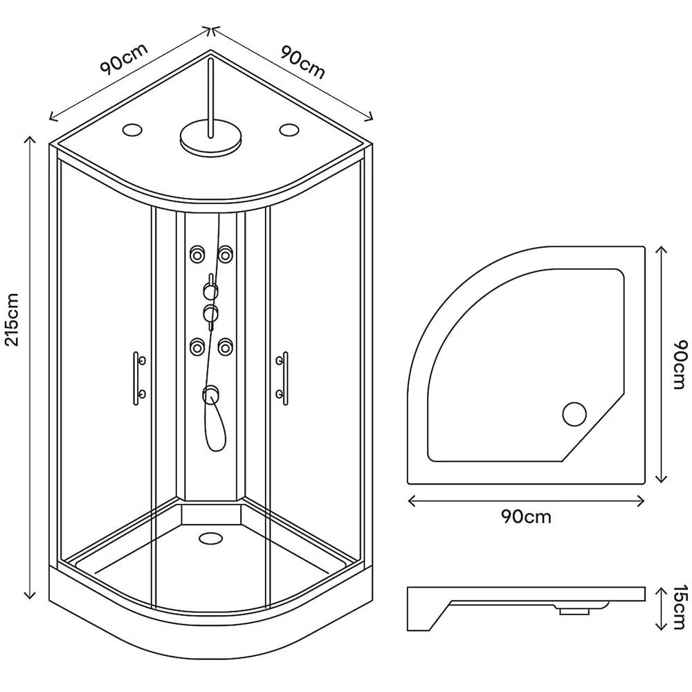 Cabina dus cu hidromasaj GoodHome Onega, semirotunda, 90 x 90 x 215 cm, sticla securizata 5mm, profil argintiu