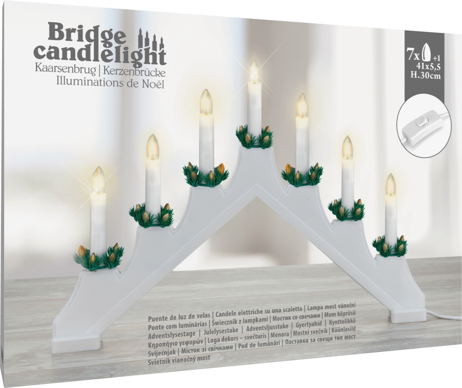 Decoratiune Sfesnic cu 7 lumanari LED, 41 x 30 cm, polipropilena, alb, lumina alb cald