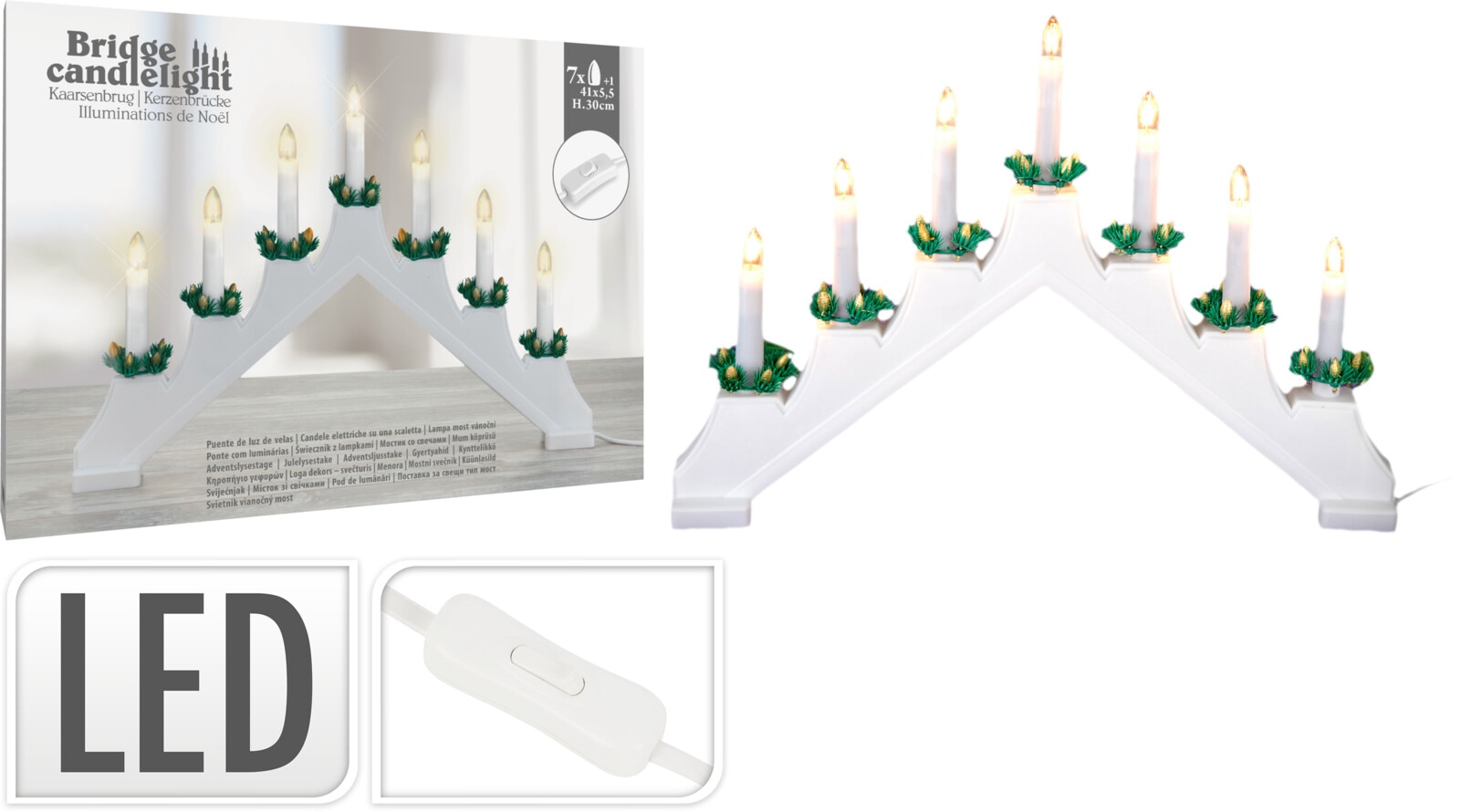 Decoratiune Sfesnic cu 7 lumanari LED, 41 x 30 cm, polipropilena, alb, lumina alb cald