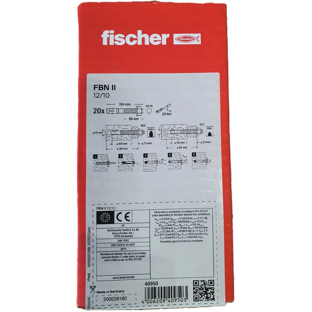 Ancora metalica FISCHER FBN II, 12 x 105 mm, 20 buc, argintiu