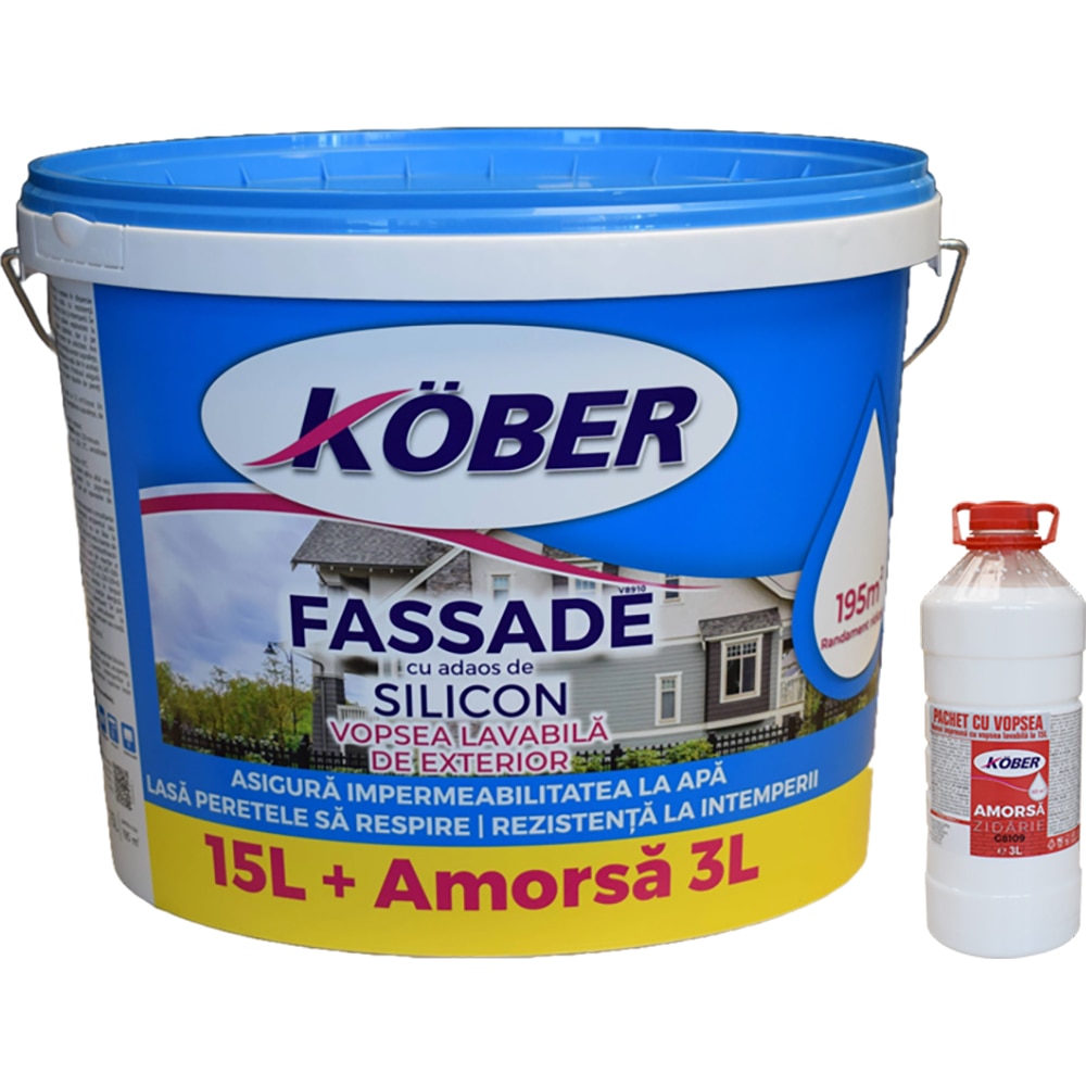 Pachet Vopsea exterior KOBER Fassade, 15L + Amorsa, 3L