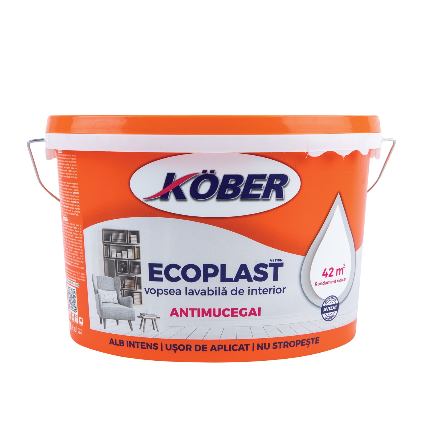 Vopsea lavabila Kober Ecoplast, alb, 3 L, Interior