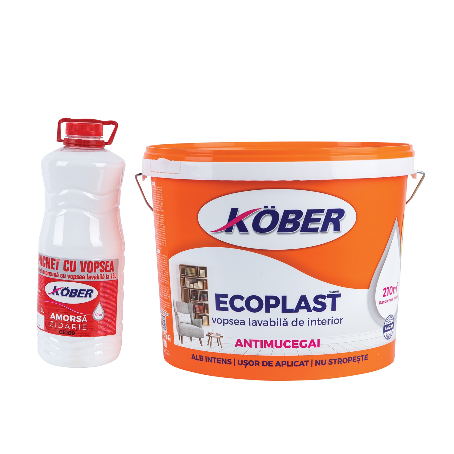 Vopsea lavabila + amorsa, interior, culoare alb, 15 l + 3 L  Kober Ecoplast