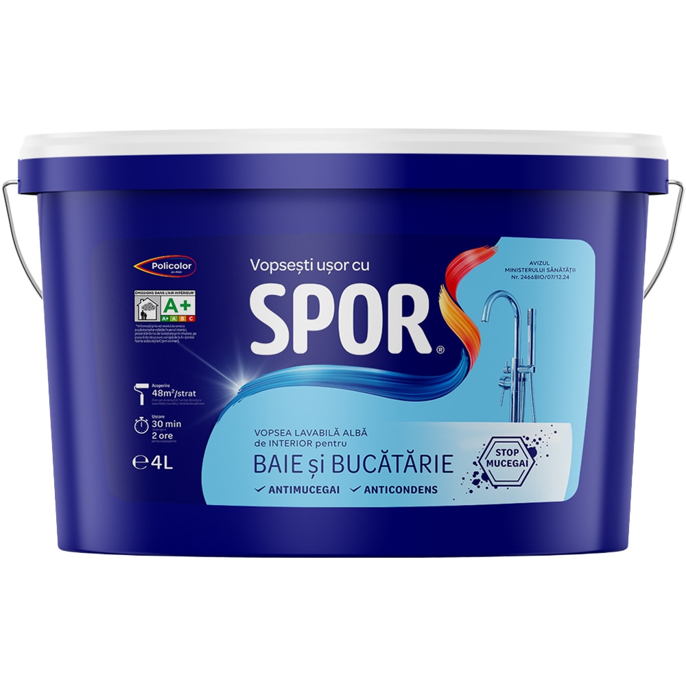 Vopsea lavabila Policolor Spor, alb, 4 L, Interior
