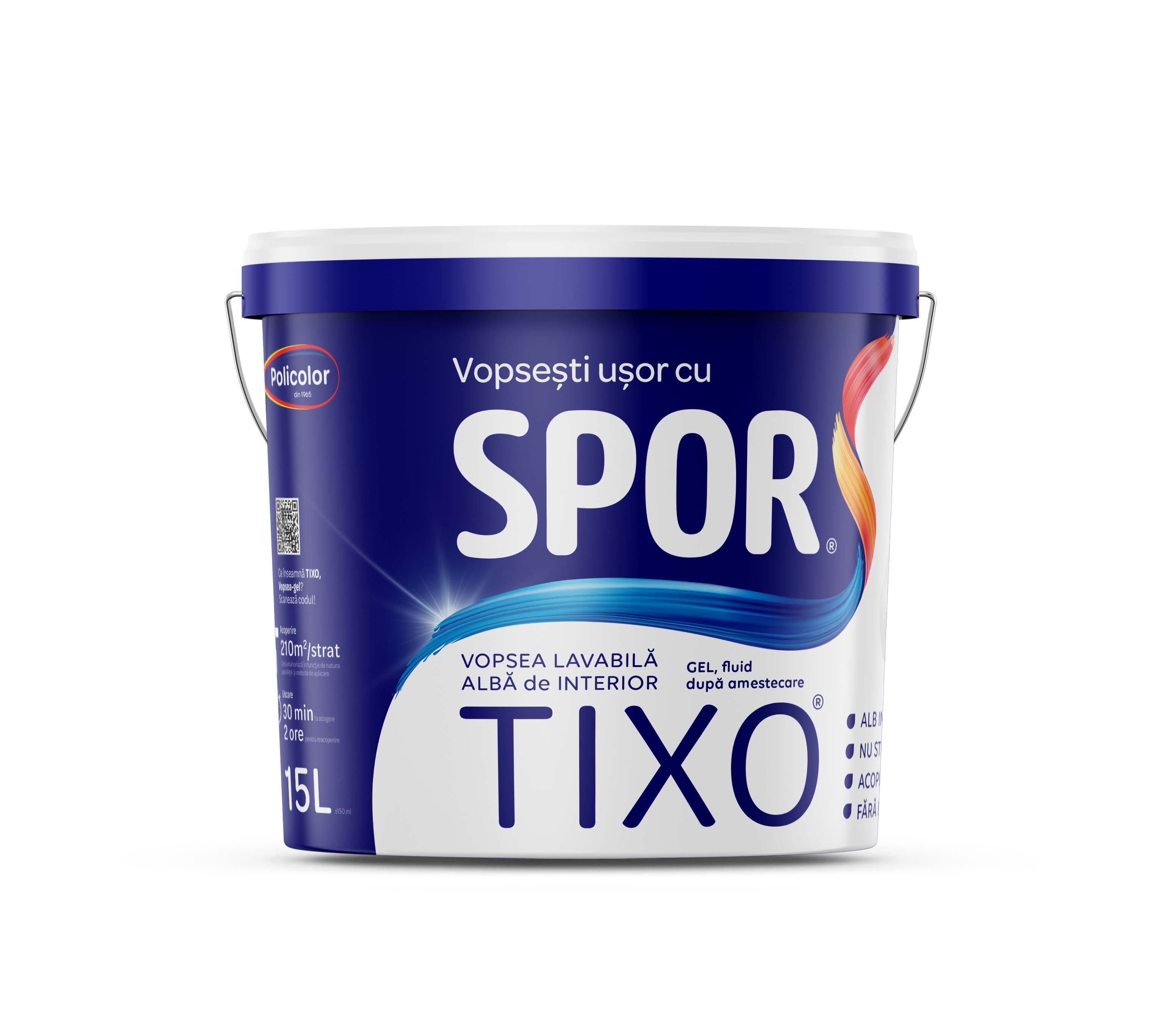 Vopsea lavabila, interior, Policolor Spor Tixo gel, alb, 15 L
