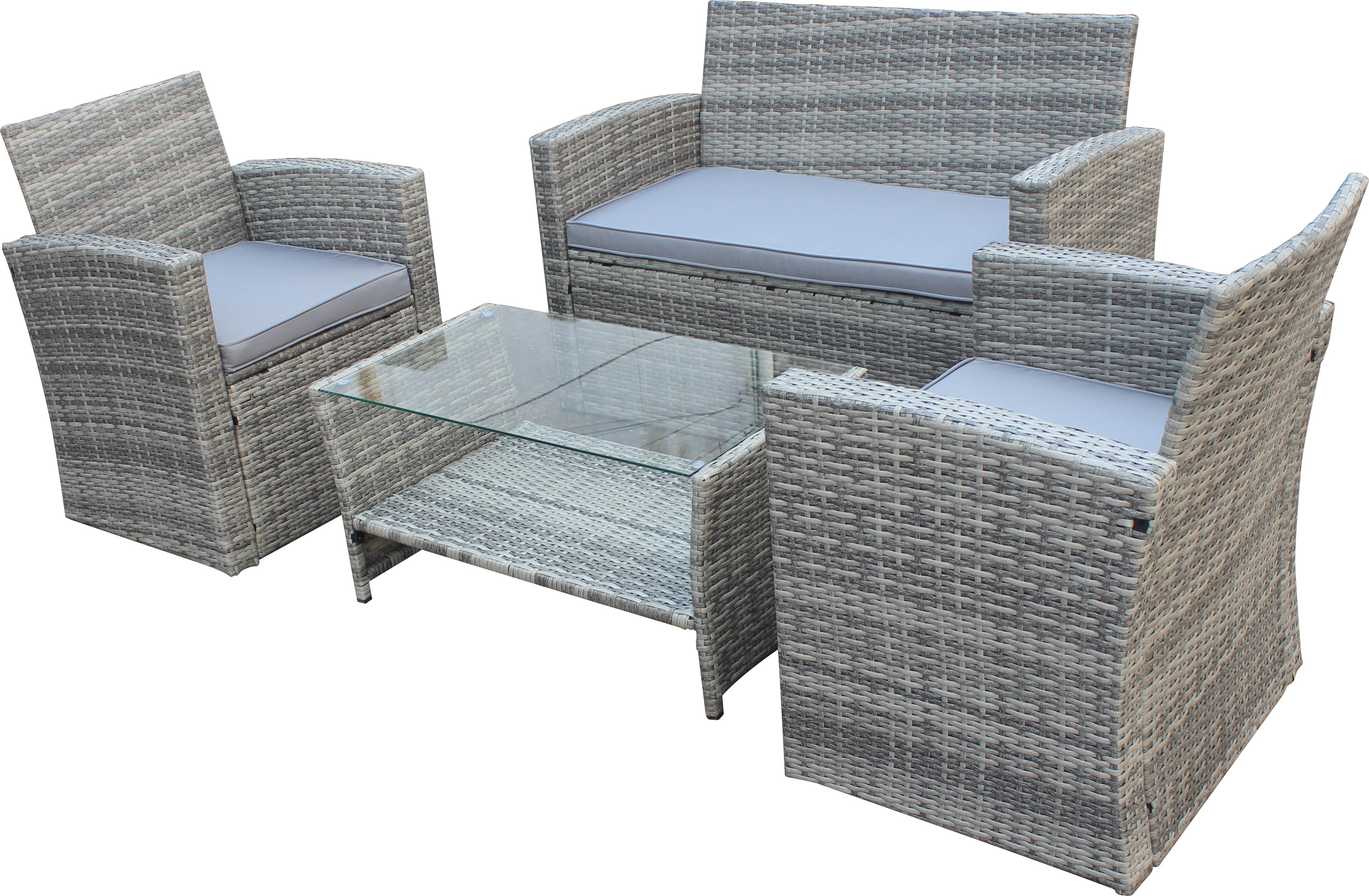 Set mobilier gradina, gri, ratan, 4 persoane, 4 piese, masa + canapea + 2 scaune, include perne • Home Decor