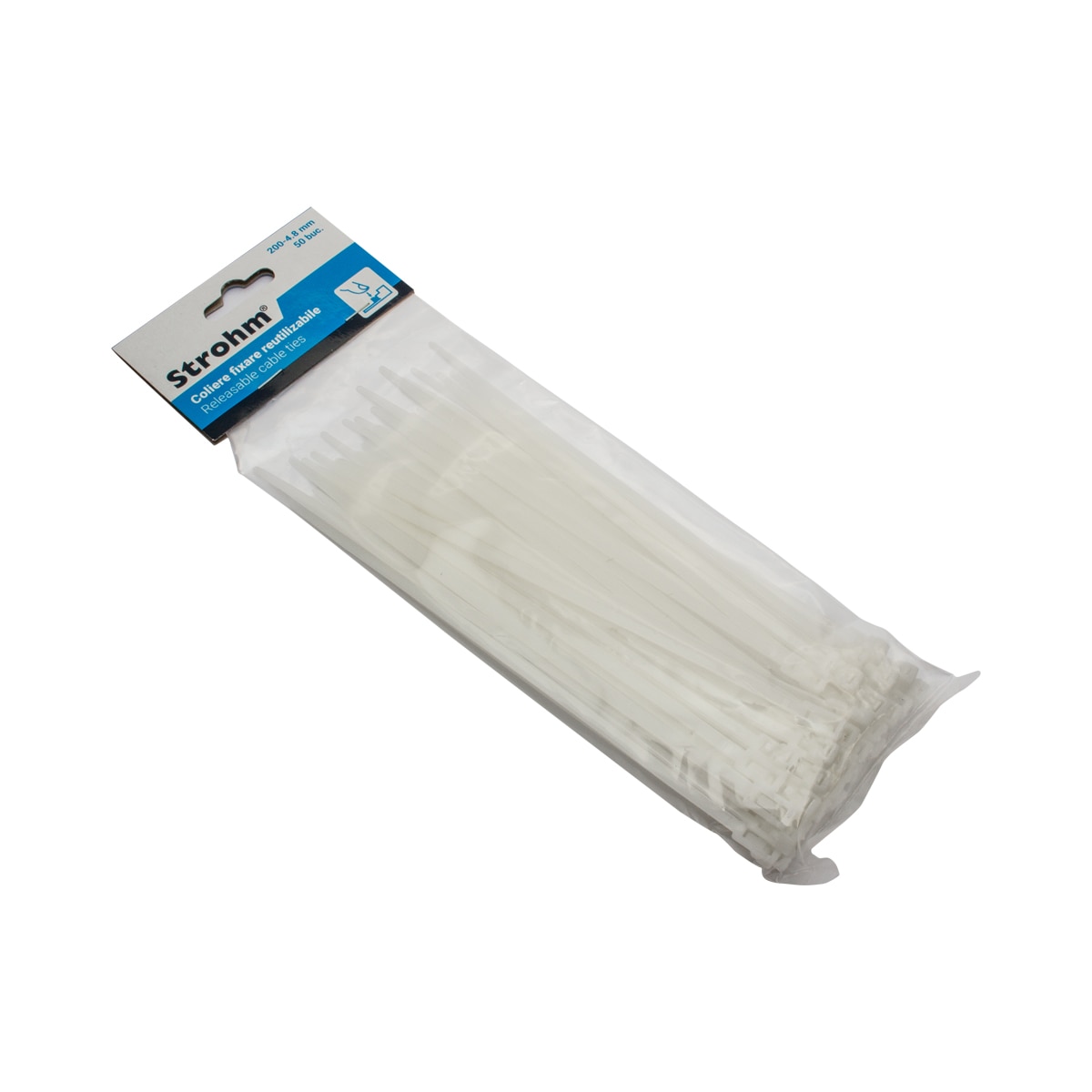 Colier reutilizabil, alb, 200 x 4 x 8 mm, 50 bucati  Strohm