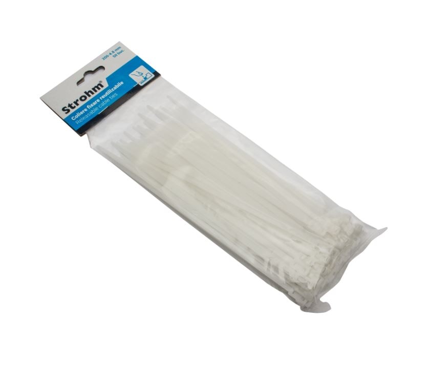 Colier reutilizabil, alb, 250 x 7 x 6 mm, 50 bucati  Strohm