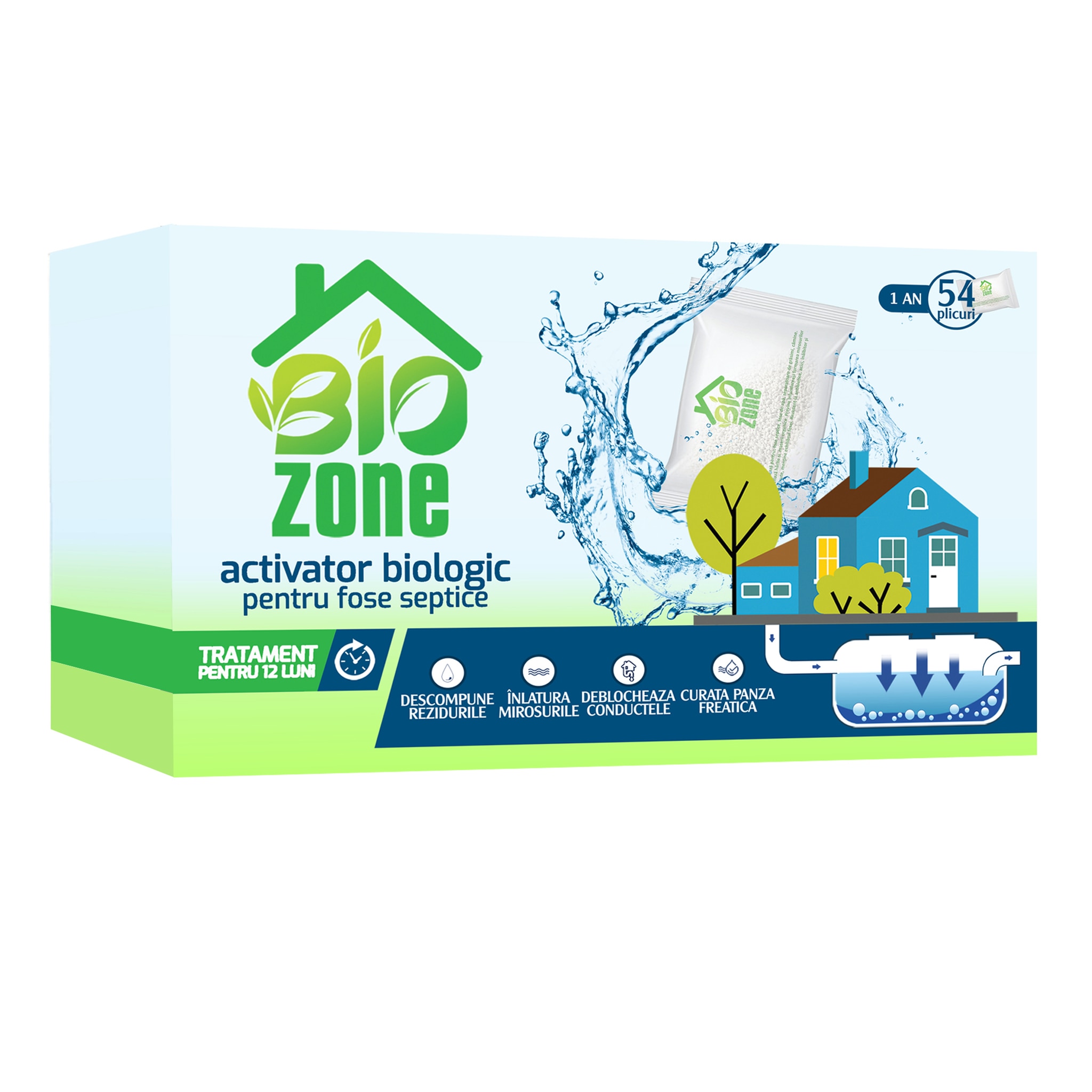 Activator biologic pentru fose septice, 54 plicuri, tratament 12 luni  Biozone
