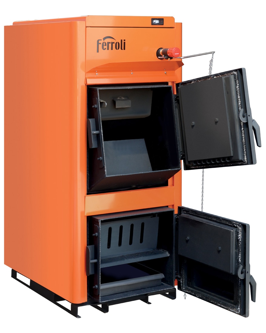 Cazan pe lemne din otel, portocaliu, 30 kW, 3 bar, 102 litri, 55 x 102,5 x 118,5 cm • Ferroli FSB PRO N 30