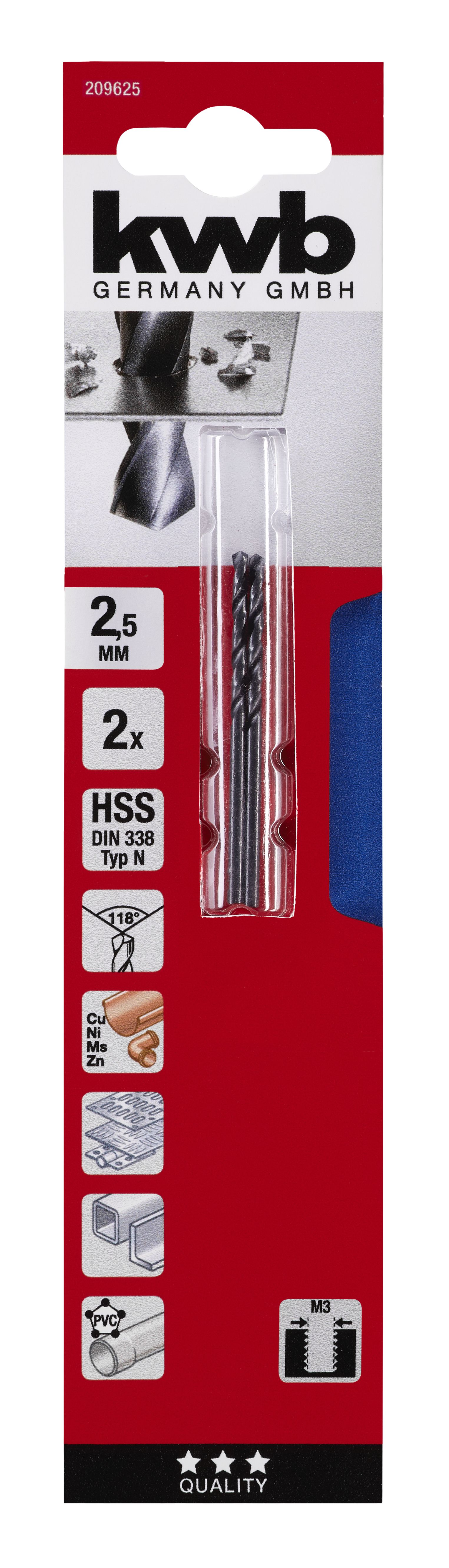 Set 2 burghie metal Kwb, HSS forjat, 2.5 mm