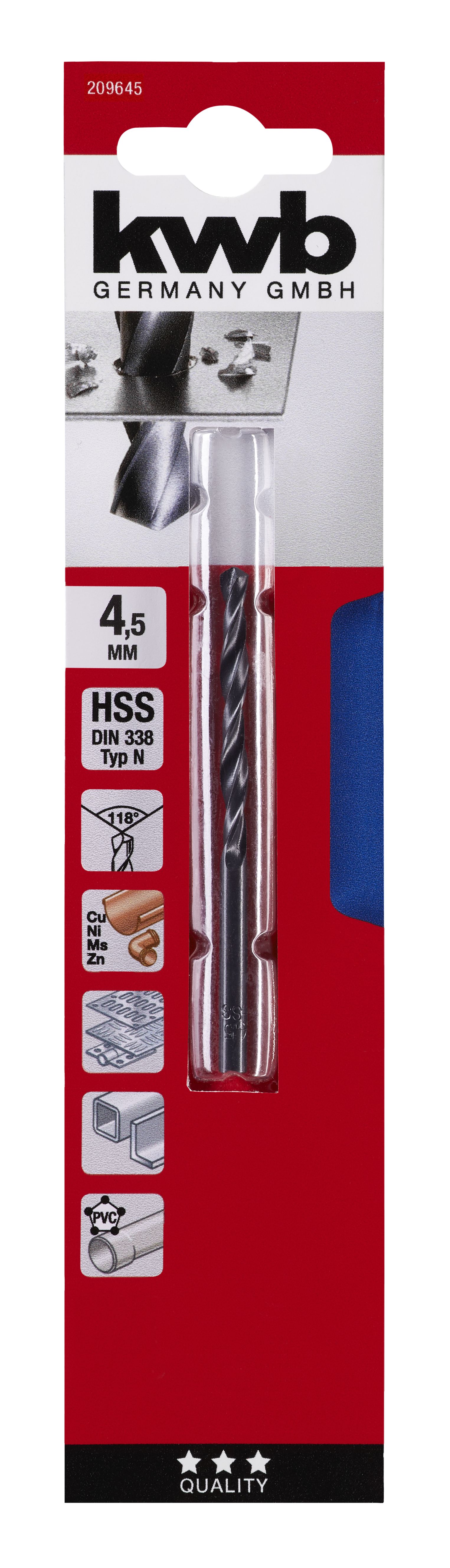 Burghiu metal, 4.5 mm, HSS forjat  Kwb