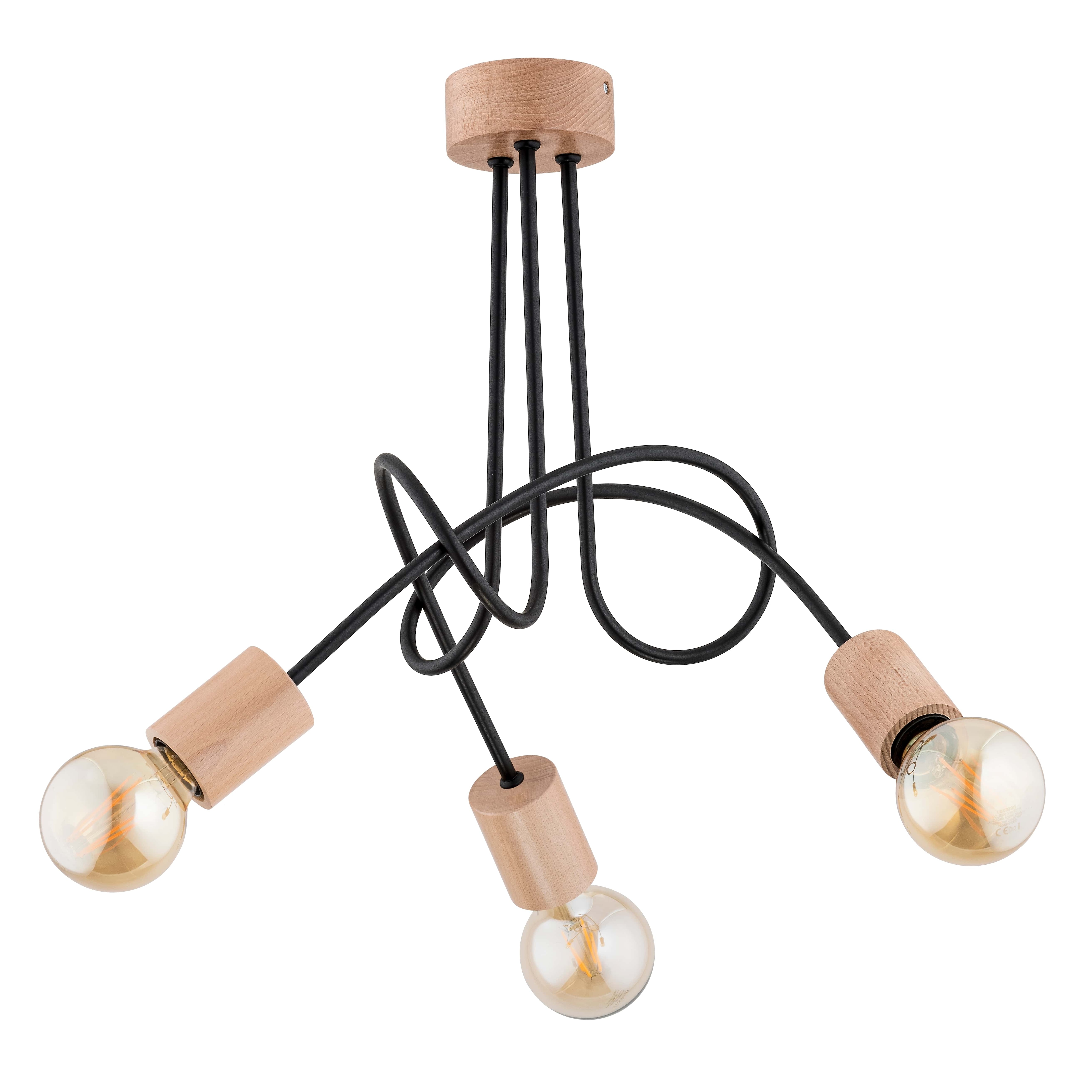 Plafoniera, 3 x 60 W, negru, otel si lemn • Alfa Tango