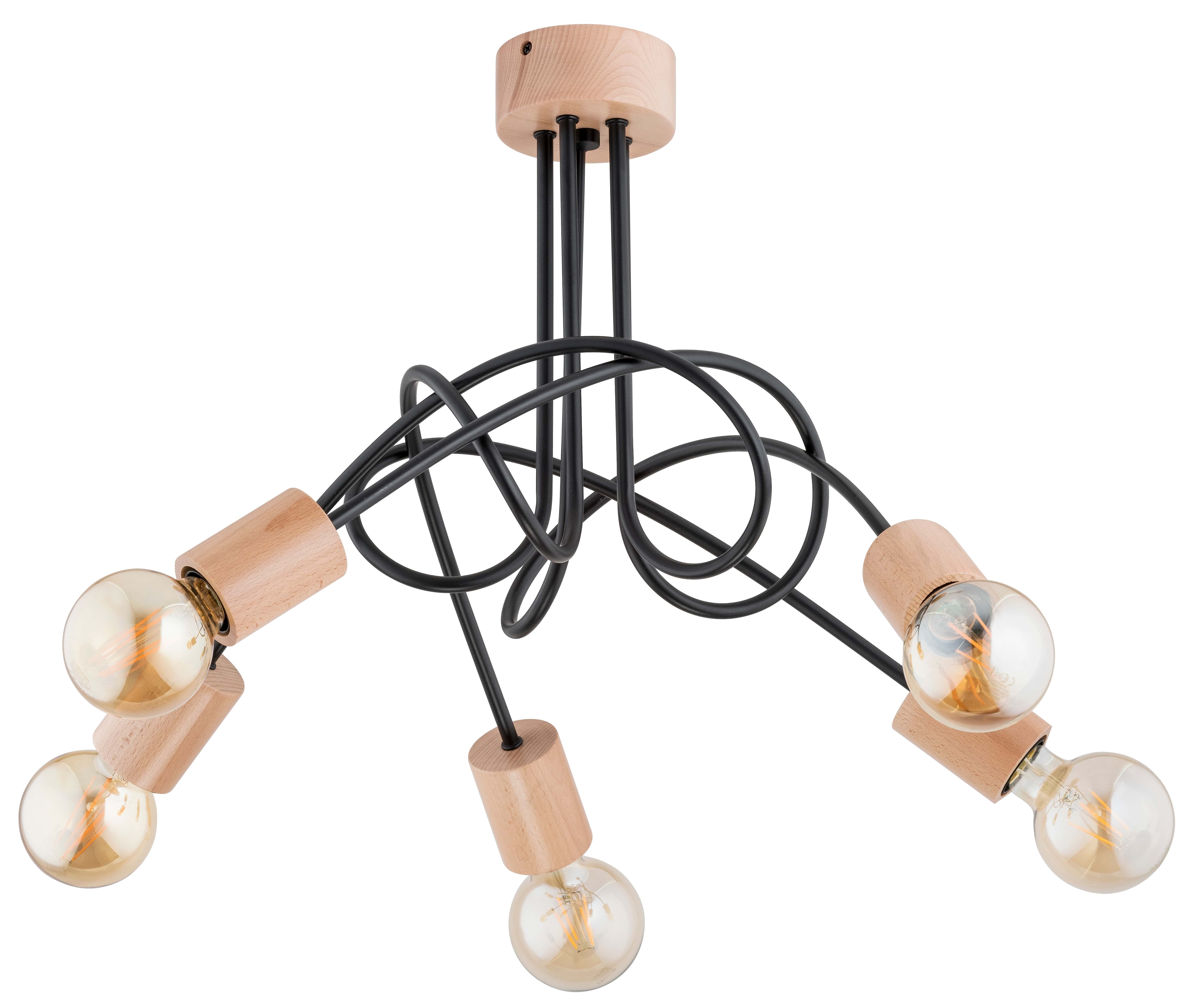 Plafoniera, 5 x 60 W, negru, otel si lemn • Alfa Tango