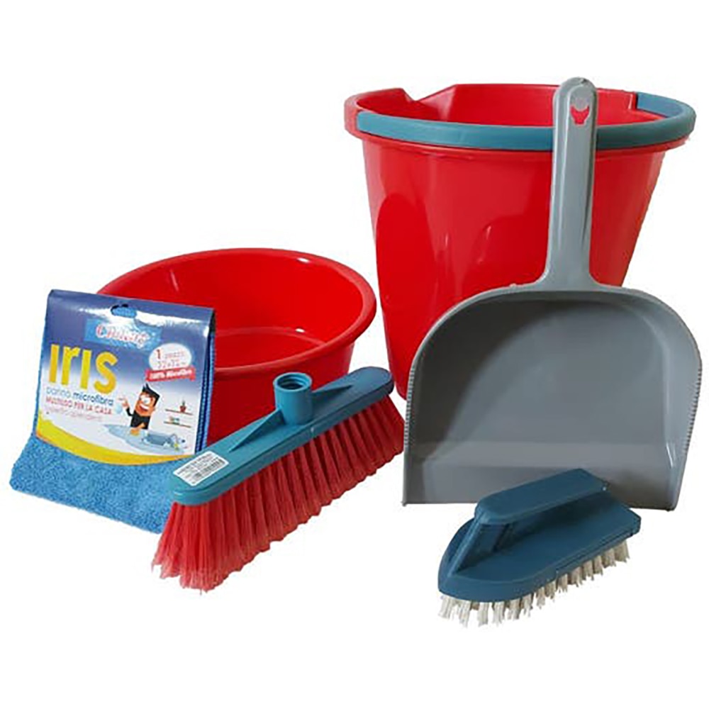 Set galeata + matura + perie frecat cu maner + faras + laveta microfibra 32x32cm + lighean, rosu-gri