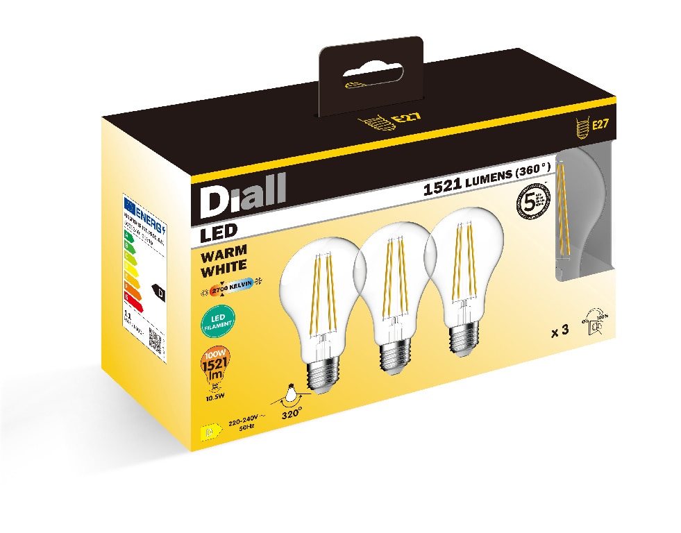 Set 3 becuri LED, 10.5 W, A70, E27,  Diall