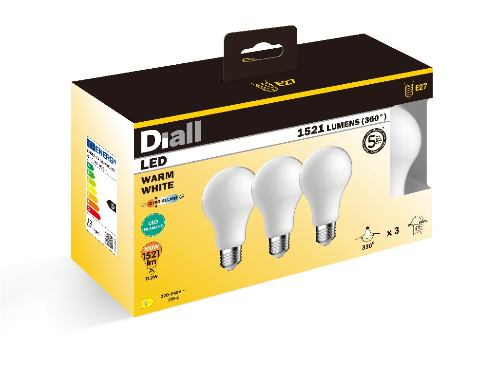 Set 3 becuri LED, E27, sticla, 2700 K, 100 W  Diall