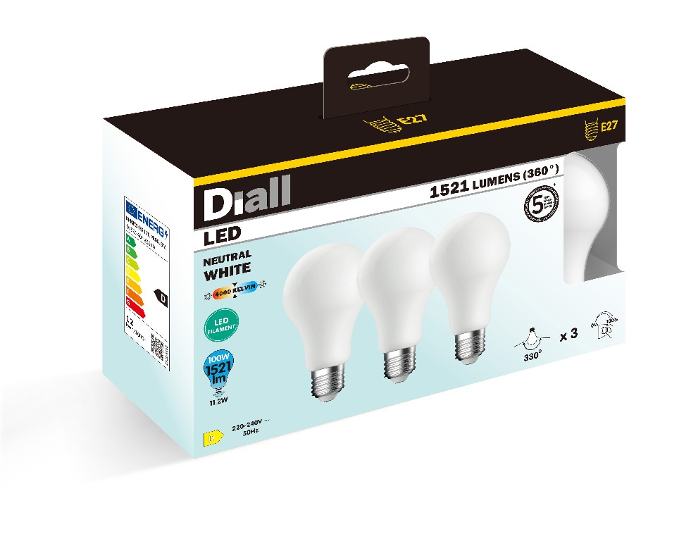 Set 3 becuri LED, E27, sticla, 4000 K, 100 W  Diall