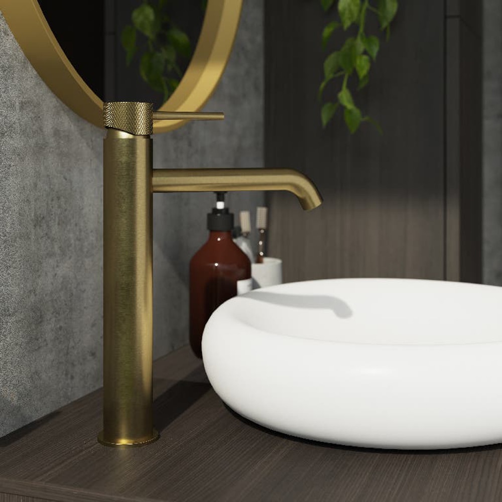 Baterie lavoar GOODHOME Owens, pipa inalta, alama, auriu