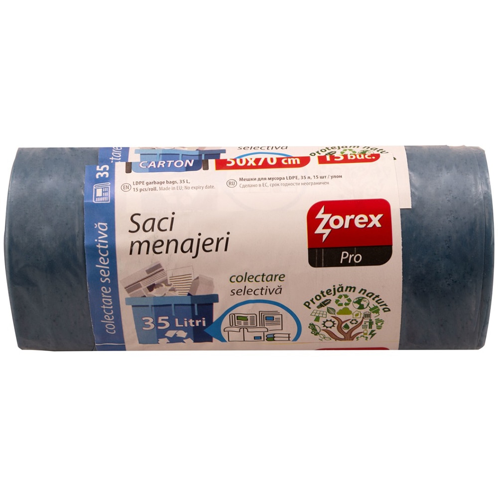 Saci menajeri pentru colectarea deseurilor din hartie si carton ZOREX Pro, 15 buc, 35 l, albastru