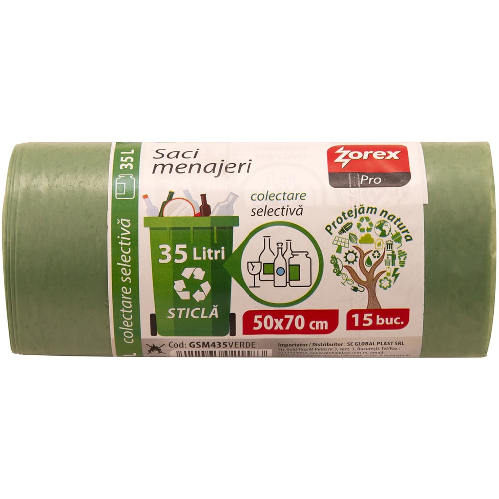 Saci menajeri pentru colectarea deseurilor din sticla ZOREX Pro, 15 buc, 35 l, verde