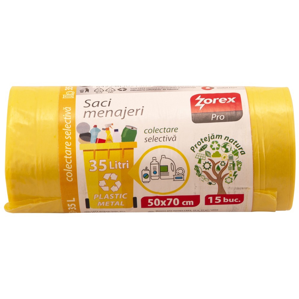 Saci menajeri pentru colectarea deseurilor din plastic si metal ZOREX Pro, 15 buc, 35 l, galben