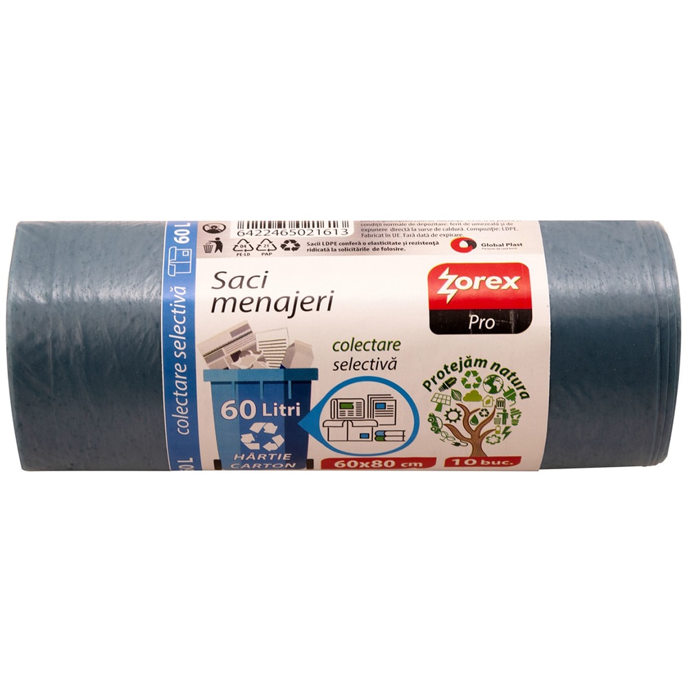 Saci menajeri pentru colectarea deseurilor din hartie si carton ZOREX Pro, 10 buc, 60 l, albastru