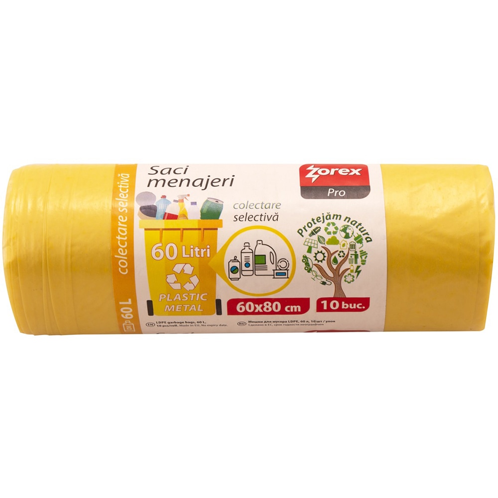 Saci menajeri pentru colectarea deseurilor din plastic si metal ZOREX Pro, 10 buc, 60 l, galben