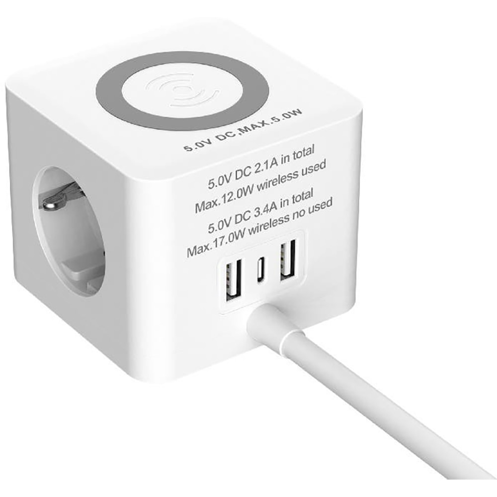 Bloc JACOBSEN, 3 prize Schuko, cu incarcator WiFi si 3 porturi USB, alb/gri