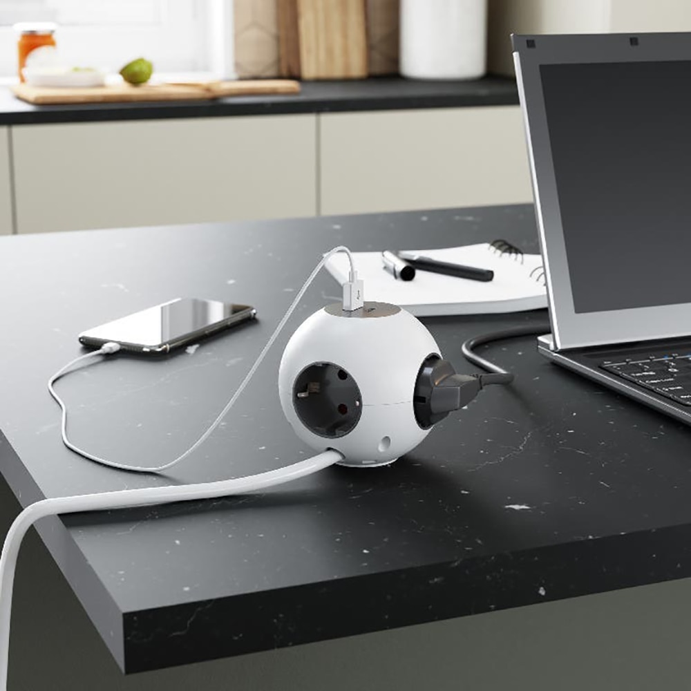 Bloc JACOBSEN Power Cube, 4 prize Schuko, 3 m, 1.5 mm, 2 porturi USB, alb