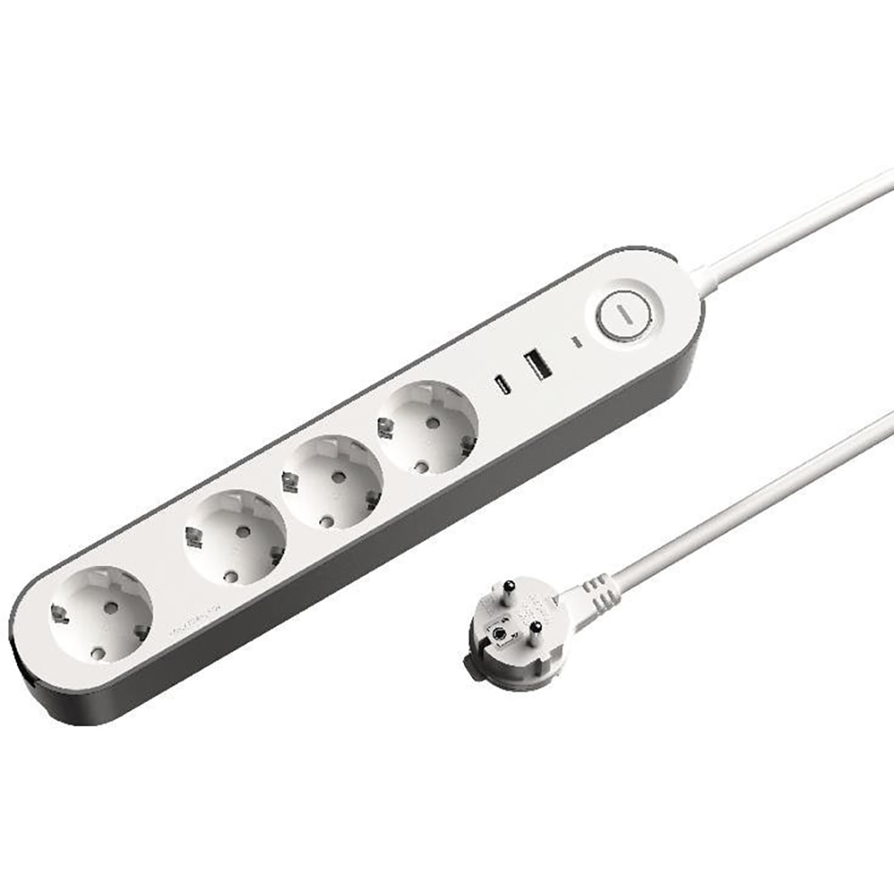 Prelungitor JACOBSEN, 4 prize Schuko, 2 porturi USB, alb/gri