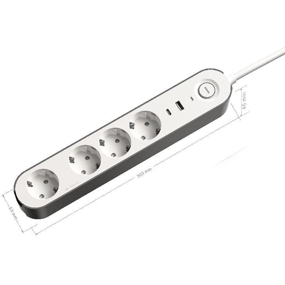 Prelungitor JACOBSEN, 4 prize Schuko, 2 porturi USB, alb/gri