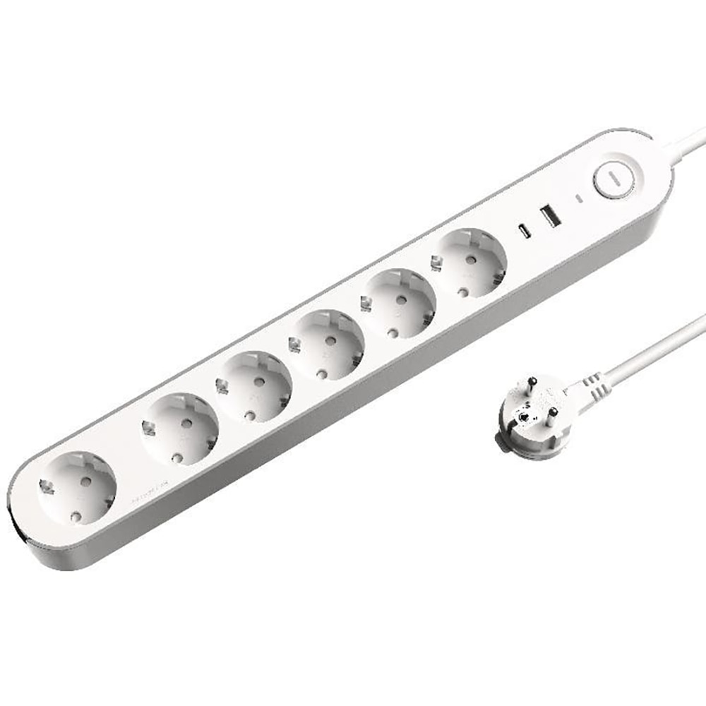 Prelungitor JACOBSEN, 6 prize Schuko, 1.5 m, 1.5 mm, cu 2 porturi USB, alb