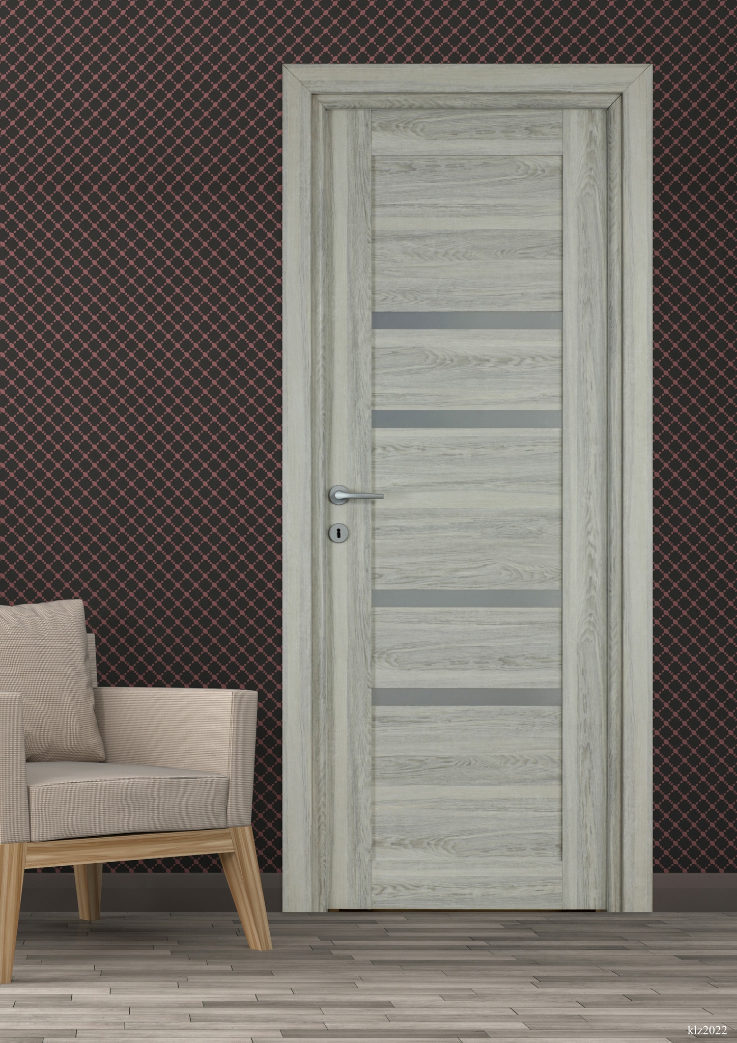 Usa de interior cu geam, gri, reversibila, mdf, 203 x 88 cm, toc inclus  Bella