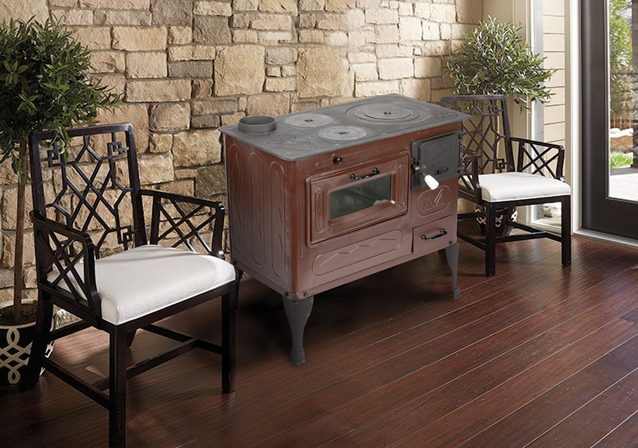 Soba cu plita de gatit, pe lemne, tip stanga, tabla emailata, 6 kW, maro, 43,6 kg, 80 x 75 x 43,7 cm  Evotools Andra