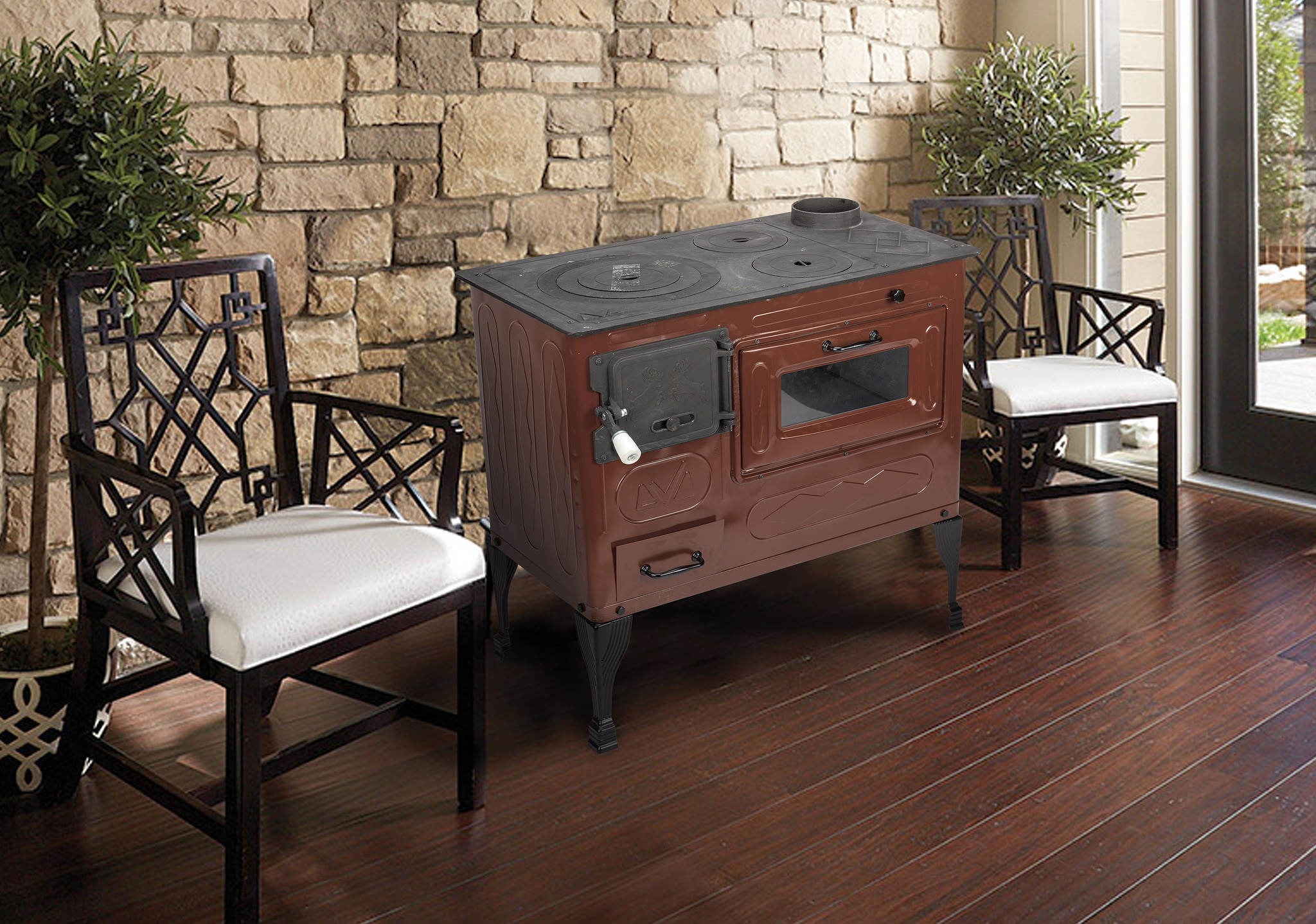 Soba cu plita de gatit pe lemne tip dreapta Evotools Andra, tabla emailata, 7.5 kW, 80 x 75 x 43.7 cm, maro