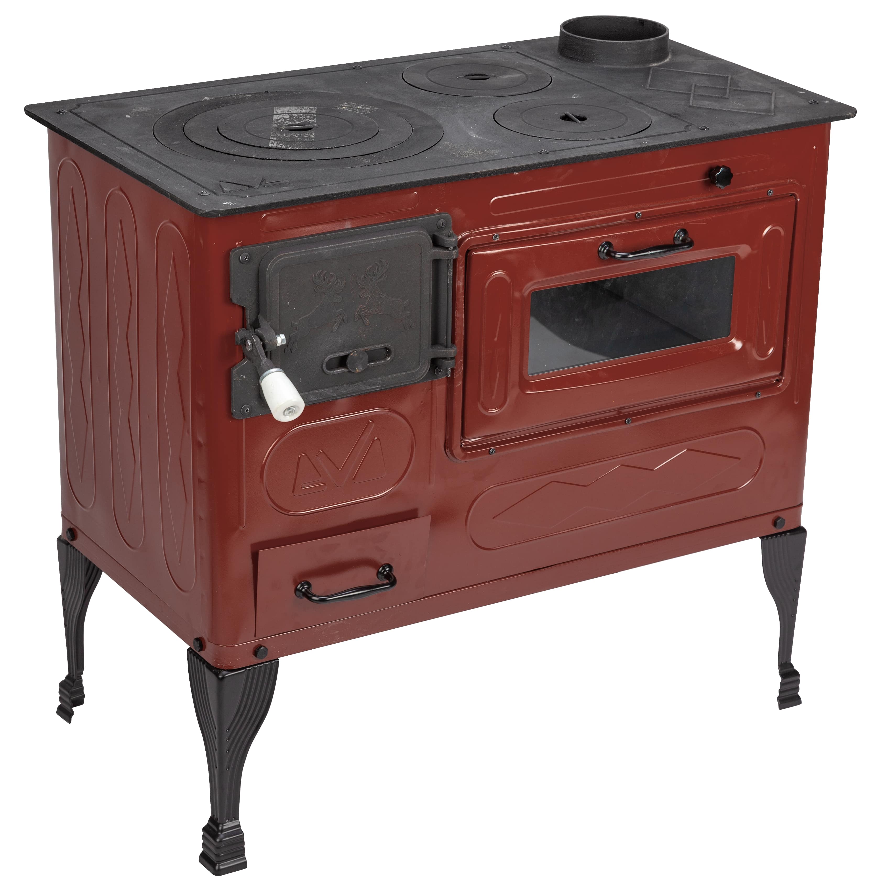 Soba cu plita de gatit pe lemne tip dreapta Evotools Andra, tabla emailata, 7.5 kW, 80 x 75 x 43.7 cm, maro