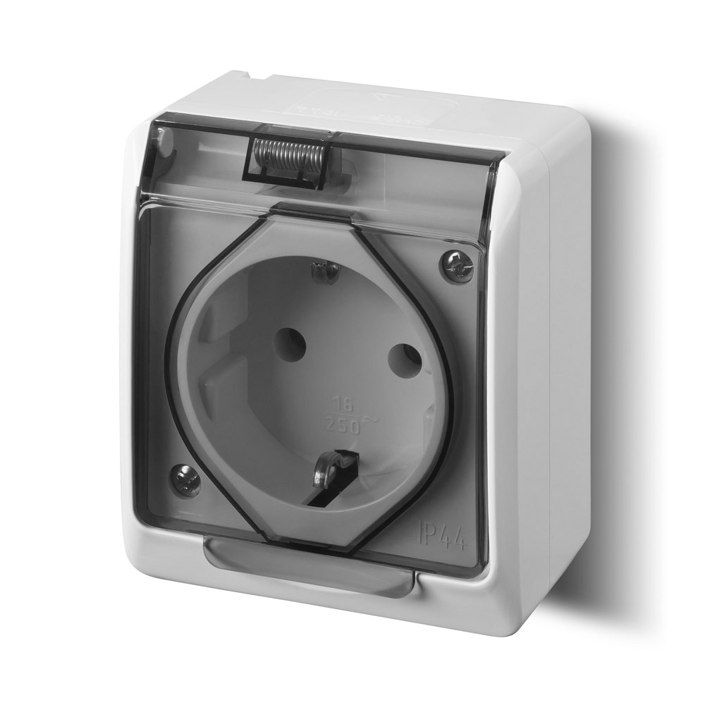Priza simpla CP HERMES, IP44, capac transparent, ABS, alb
