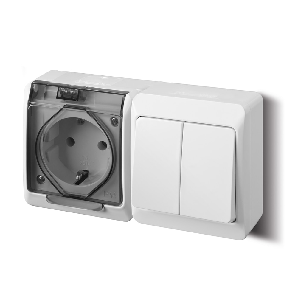 Intrerupator dublu + priza simpla cu capac transparent IP44  Hermes