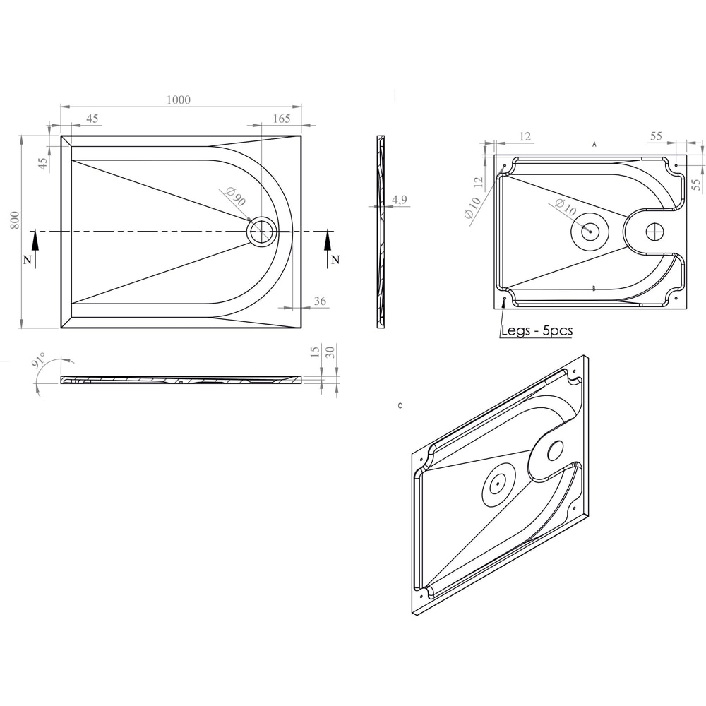 Cadita dus GOODHOME Cavally, dreapta, compozit pe baza de rasina, 100 x 80 x 3 cm, alb