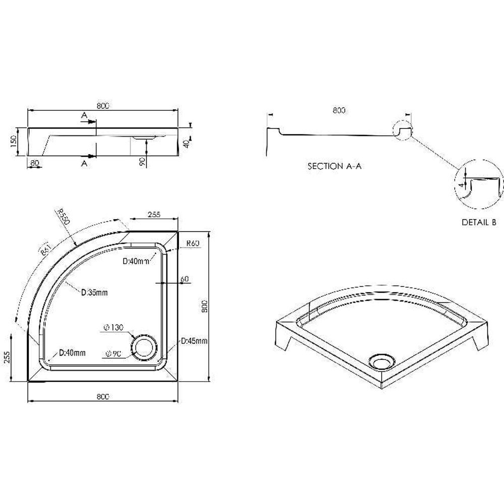 Cadita dus Dommel, semirotunda, ABS si acril, 80 x 80 x 15 cm, alb