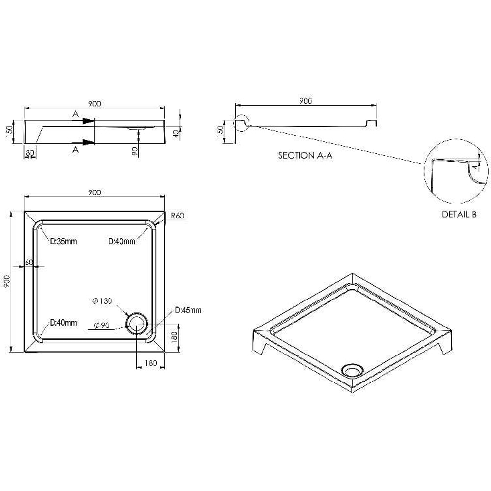 Cadita dus Dommel, patrata, ABS si acril, 90 x 90 x 15 cm, alb