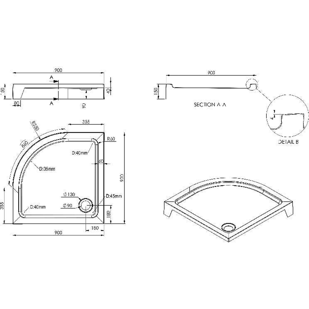 Cadita dus Dommel, semirotunda, ABS si acril, 90 x 90 x 15 cm, alb