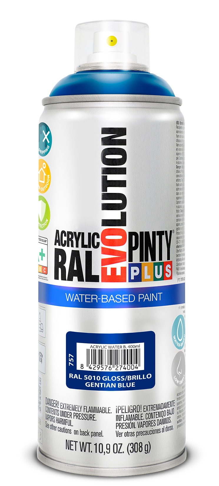 Spray vopsea acrilica pe baza de apa PINTYPLUS Evolution, albastru gentian, RAL 5010, 400 ml